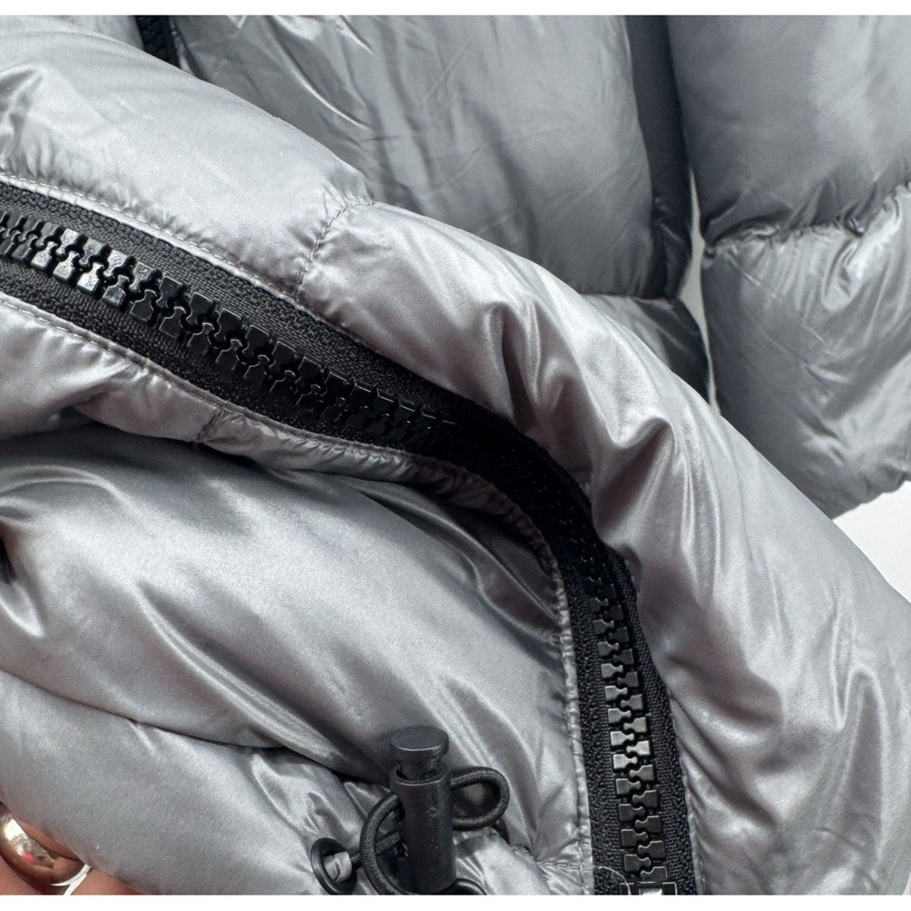Women XL Metallic Gray Puffer Down Coat Hooded Jacket Mid Length Pockets Winter - Picture 9 of 16